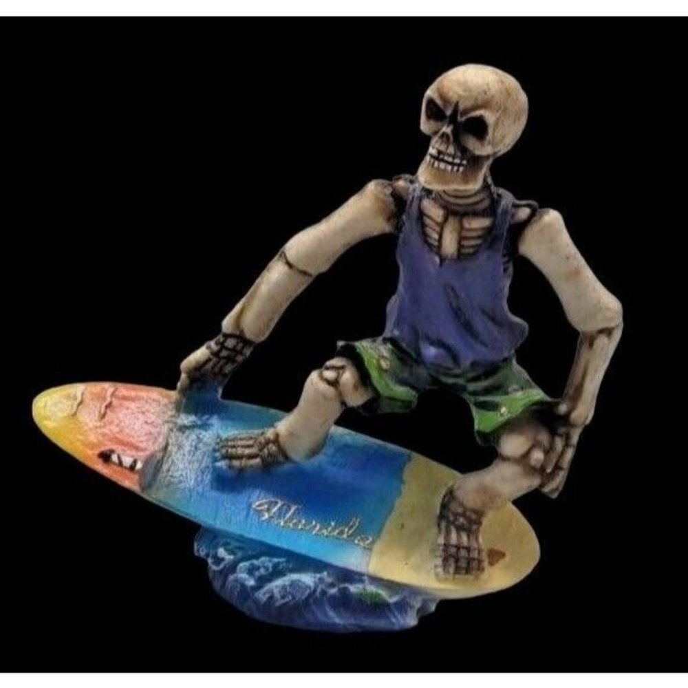 Skeleton on Surfboard Figurine Florida Surfer Dude Goofy Foot Off the Hook Waves